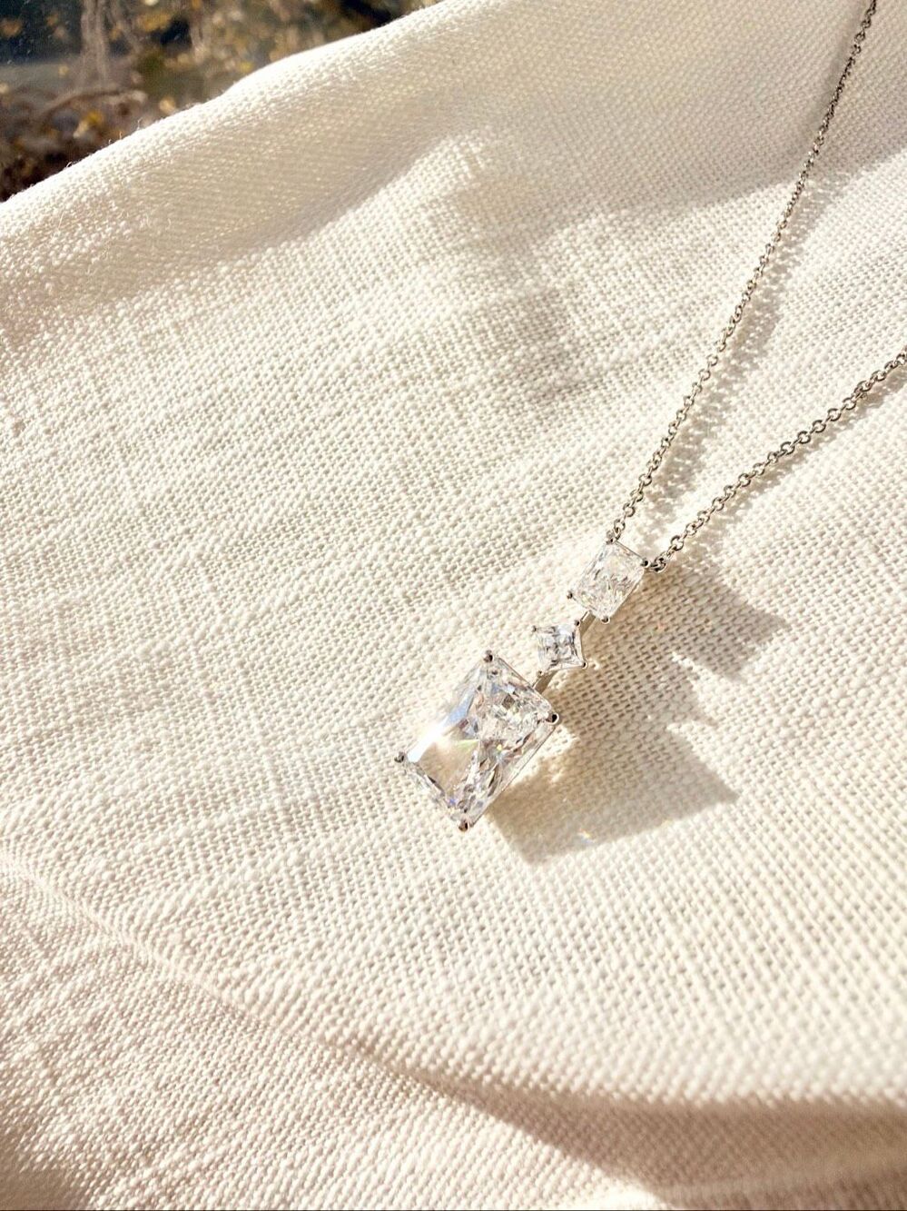 Nadri Cubic Zirconia Three Stone Drop Pendant Necklace Silver Tone